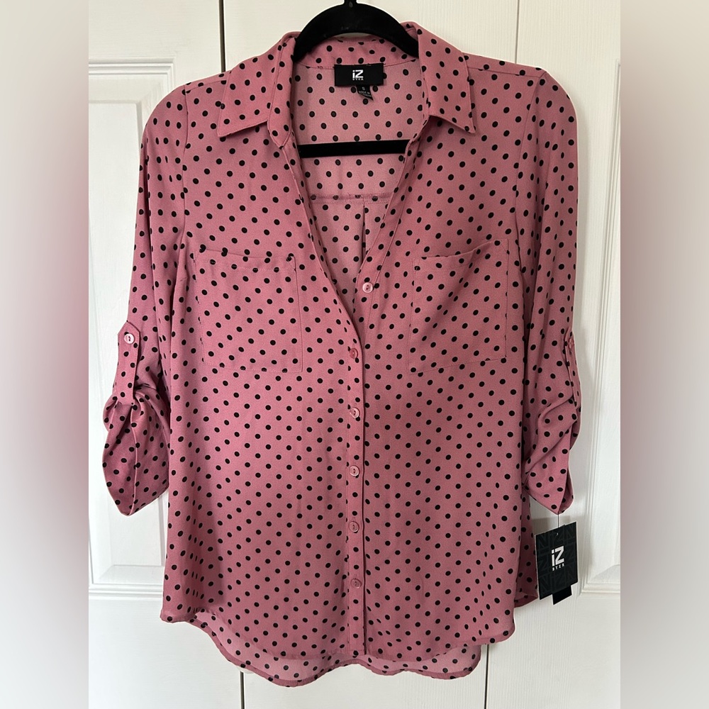 NWT IZ Byer Dark Rose Pink Black Polka Dot Women's Top Blouse Size Small